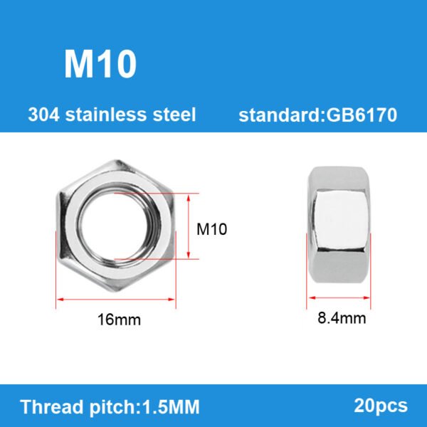 M10 x 1.5mm Hex Nuts 20Pcs 304 Stainless Steel, Metric Nuts Fasteners,Full Thread, Hex Drive - Image 2