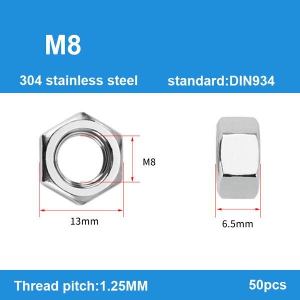 M8 x 1.25mm Hex Nuts 50Pcs 304 Stainless Steel, Metric Nuts Fasteners,Full Thread, Hex Drive - Image 2